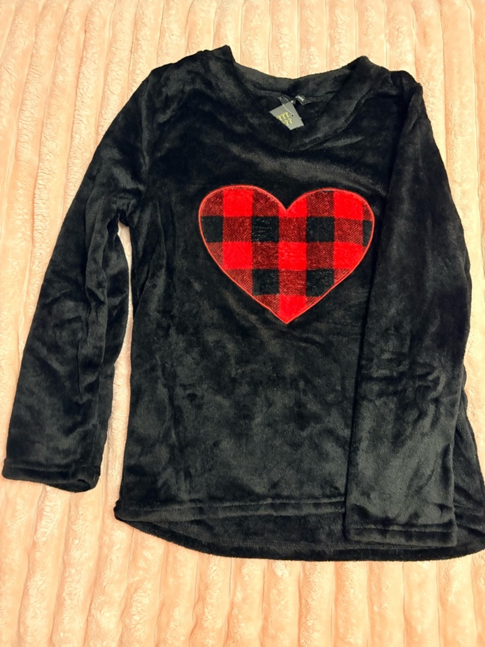 Black Plush Long Sleeve Top with Red Buffalo Check Heart